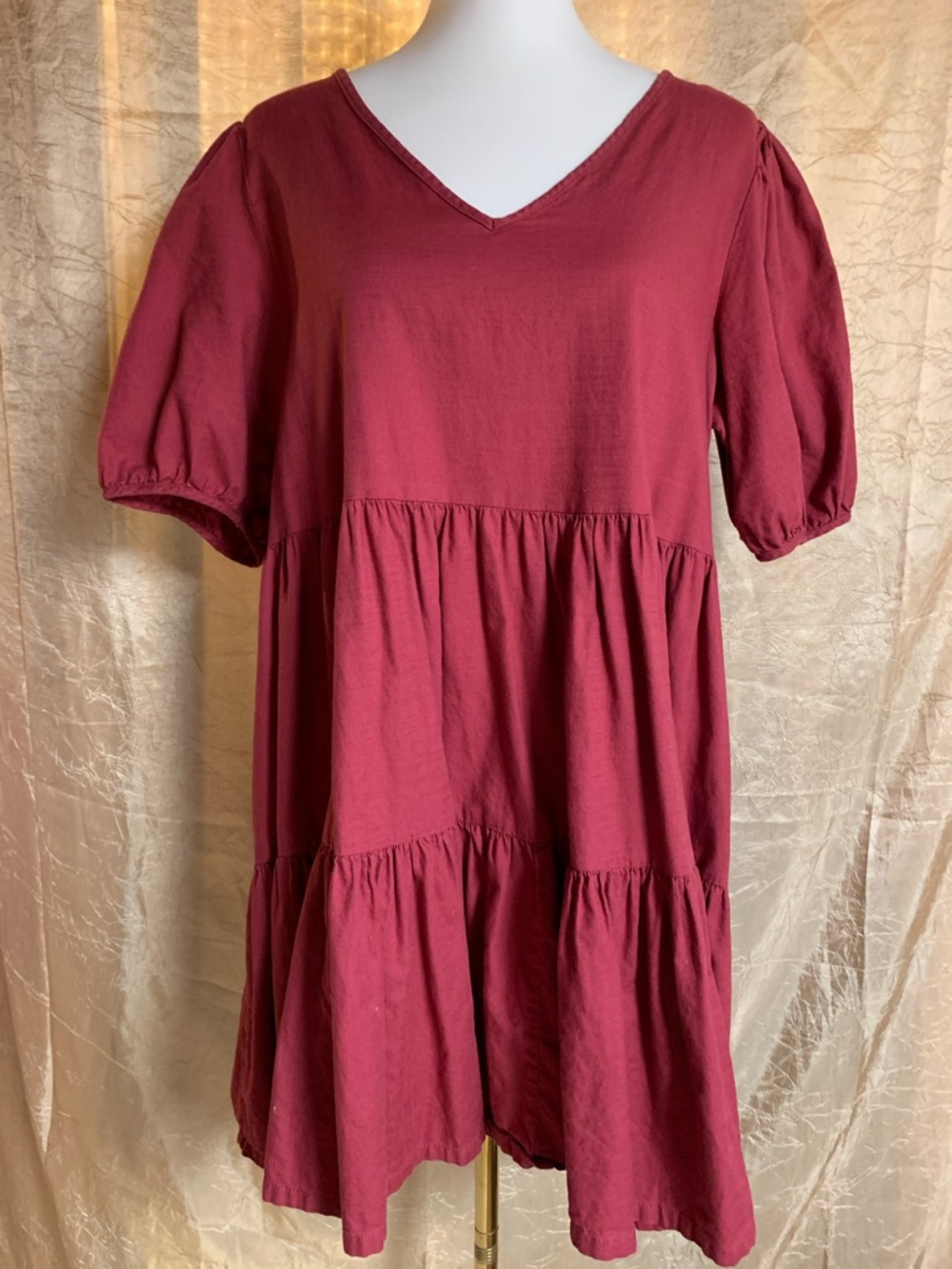 Tiered Puff Sleeve Babydoll Dress in Deep Wine